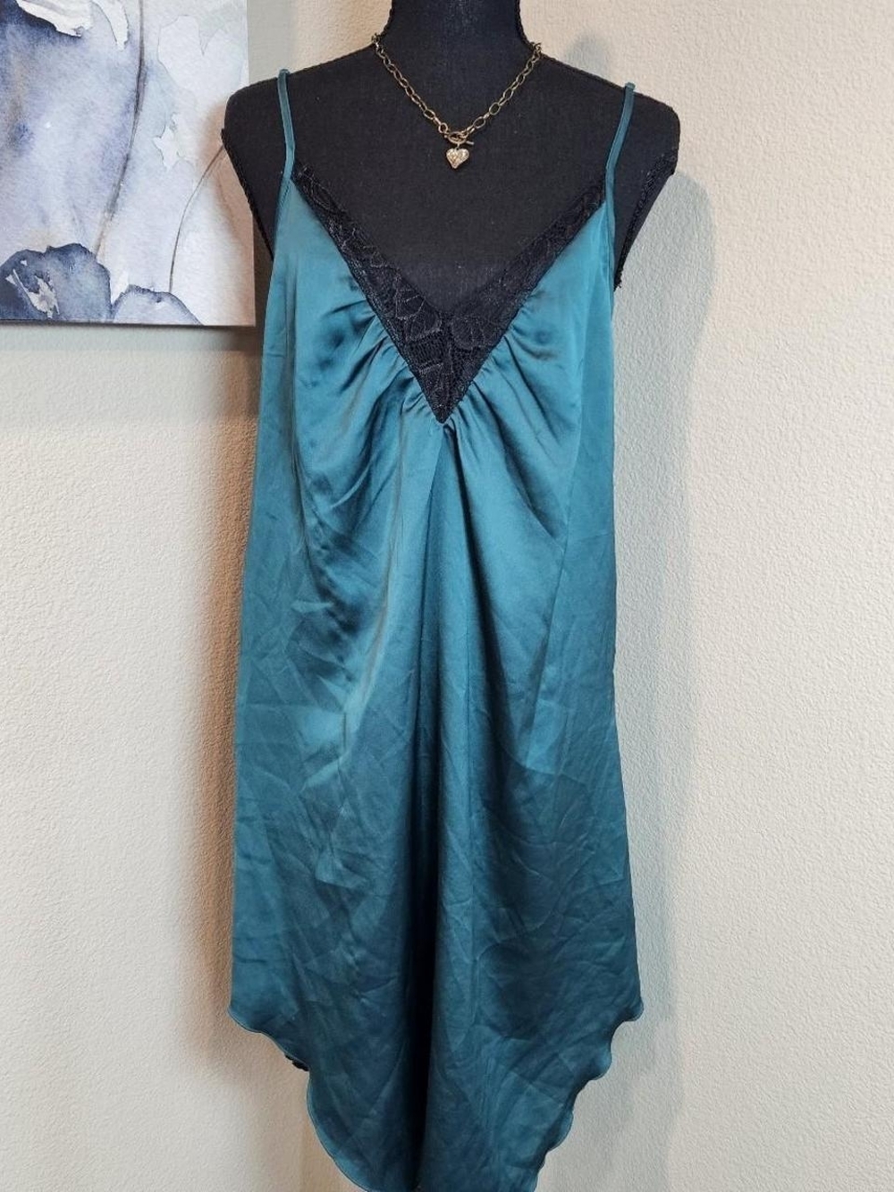 Sam Edelman Darm Green Satin Slip with Black Lace V-Neck Large